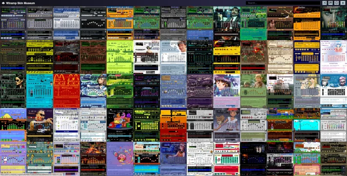 Screenshot of the Winamp Skin Museum showing early skin variations created for Winamp users